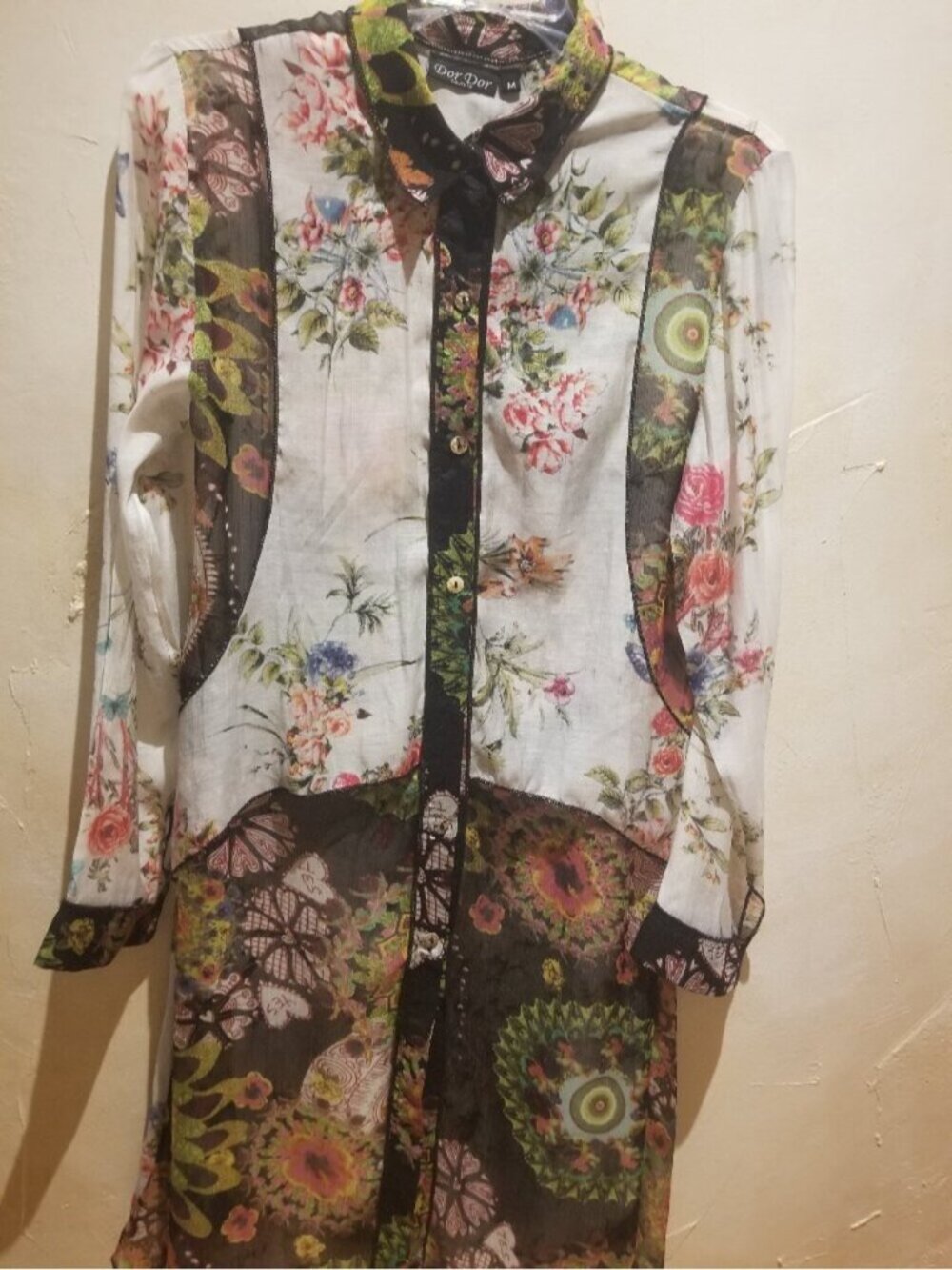 DOR DOR COUTURE BOHO ARTSY SHEER FLORAL TUNIC DRESS SHIRT SIZE M